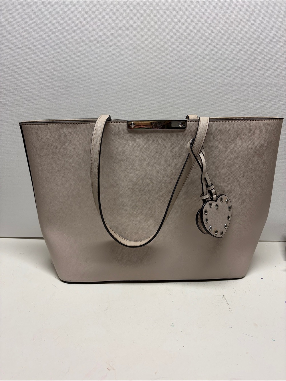 Guess Neutral Beige Tote with Heart Charm